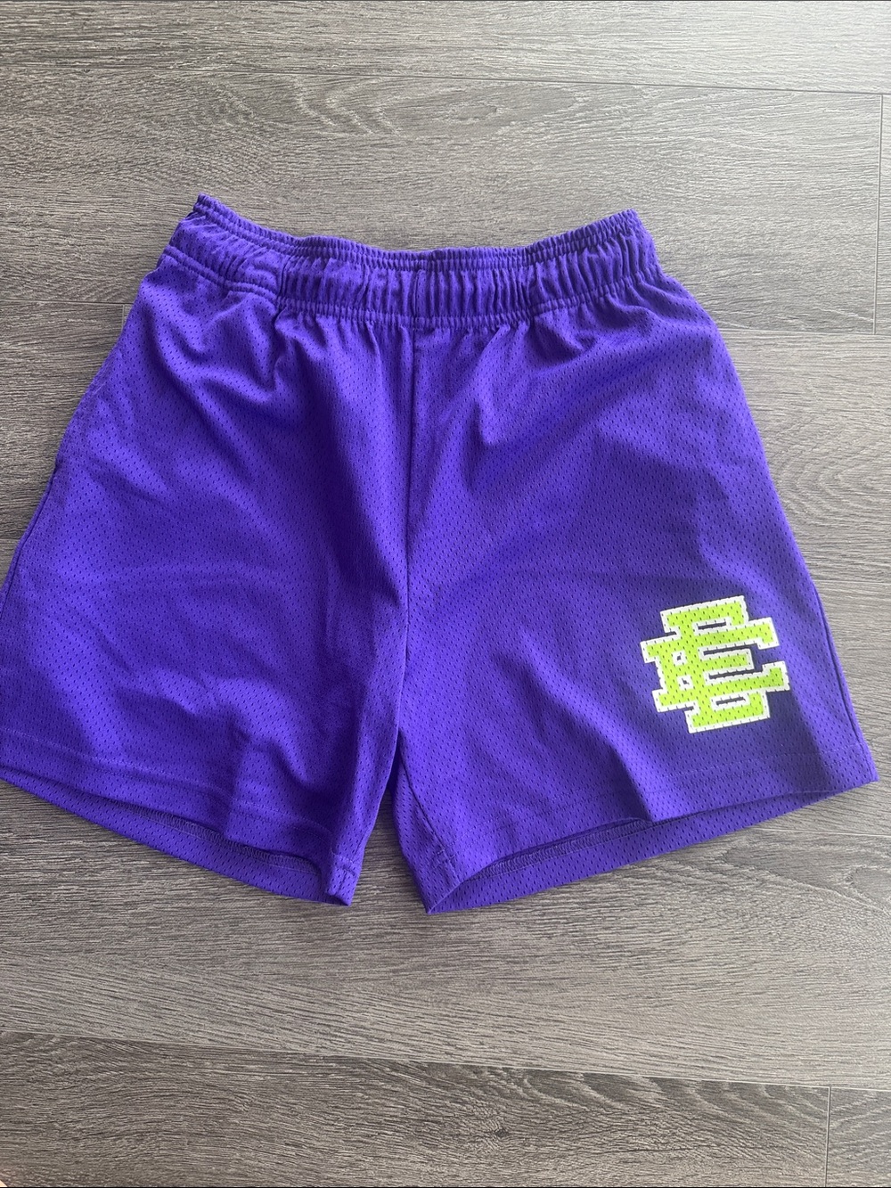 Eric Emanuel Purple Athletic Shorts with Neon Yellow Logo